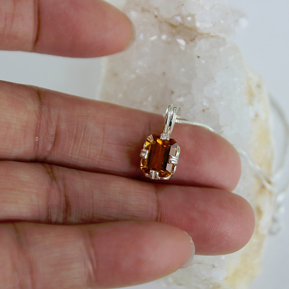 Natural Citrine Charm Sterling Silver Necklace
